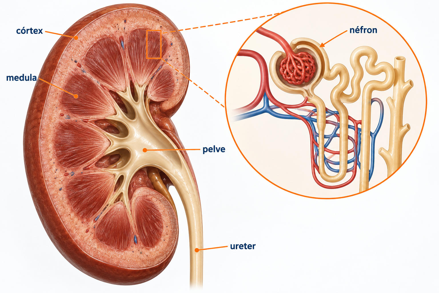 Rim em corte longitudinal com córtex, medula, pelve e ureter identificados, e um néfron ampliado ao lado.