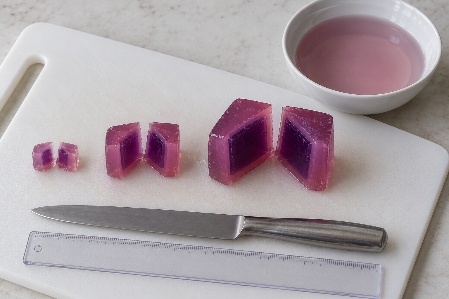 Três cubos de gelatina roxa, de 1, 2 e 3 cm de lado, cortados ao meio: todos têm uma camada externa rosada da mesma espessura, e o miolo roxo é proporcionalmente maior no cubo maior.