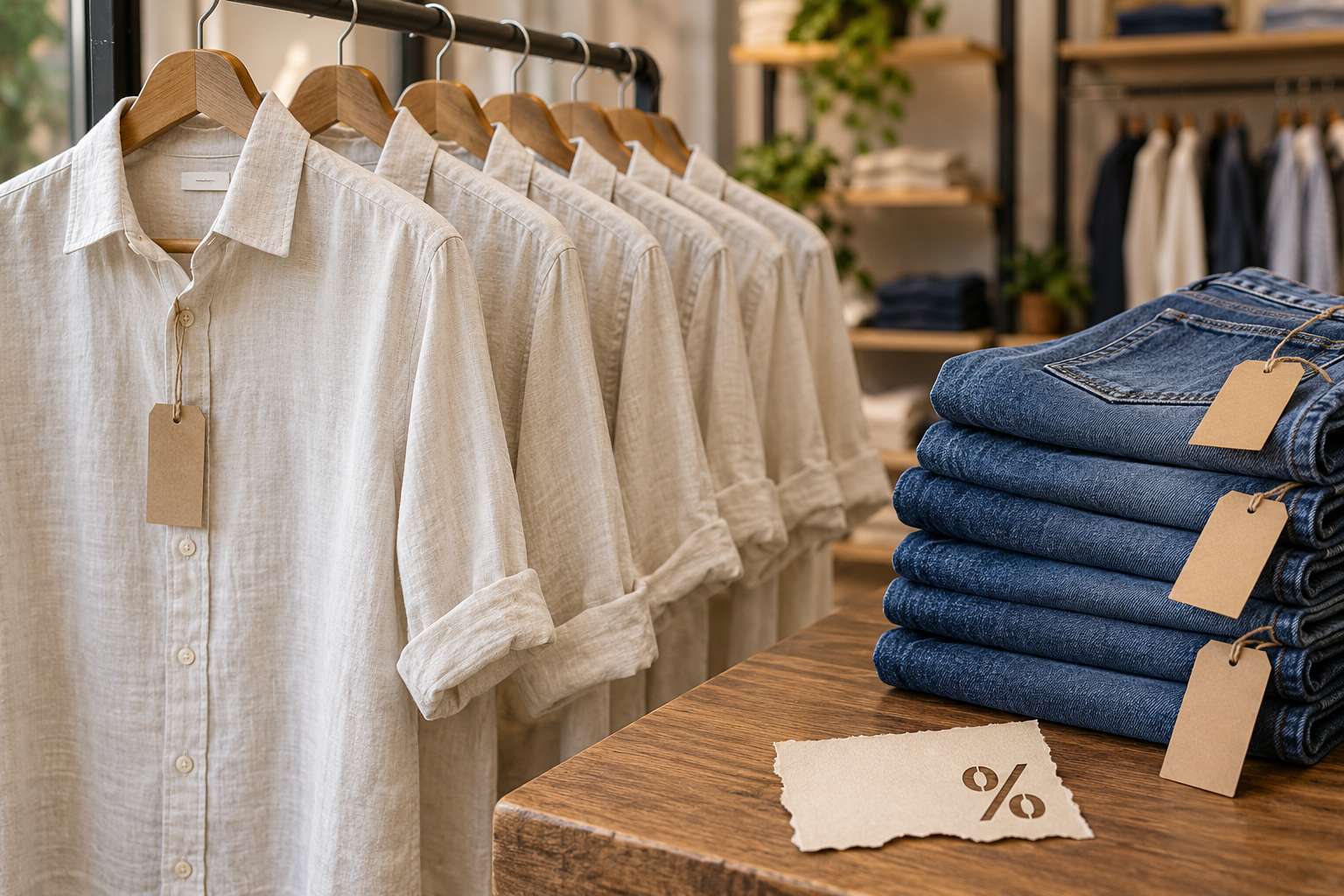 Arara com camisas iguais e pilha de calças idênticas numa loja, com etiquetas em branco e um cupom de desconto em primeiro plano.
