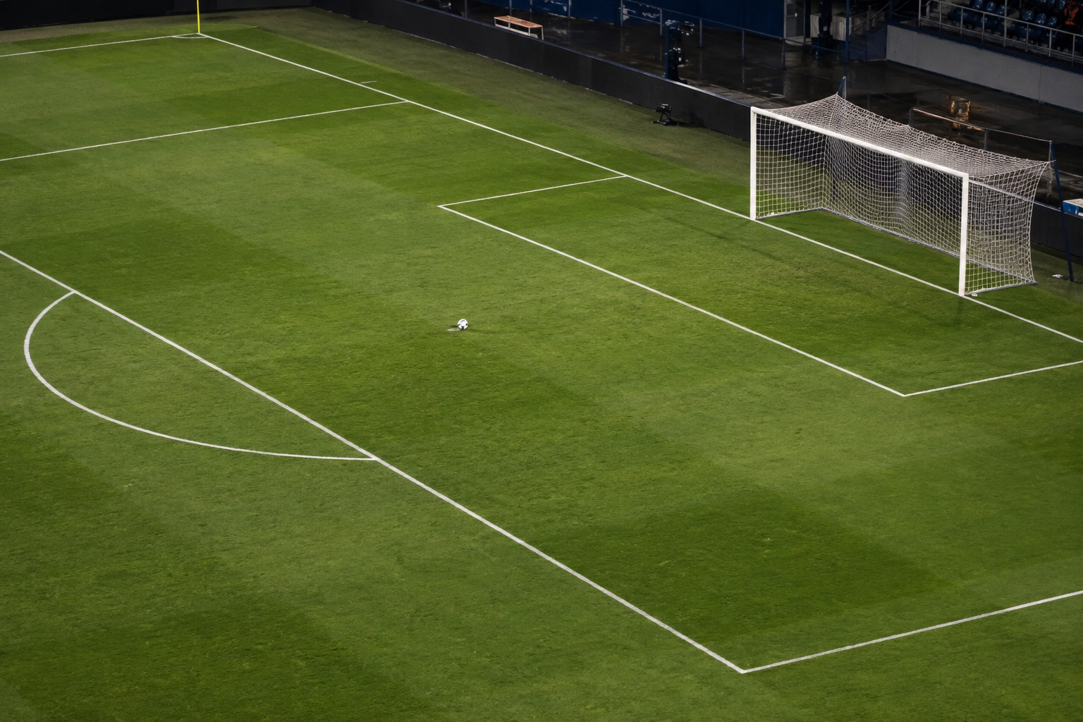 Grande área de um campo de futebol vista do alto, com a bola na marca do pênalti e a trave ao fundo.