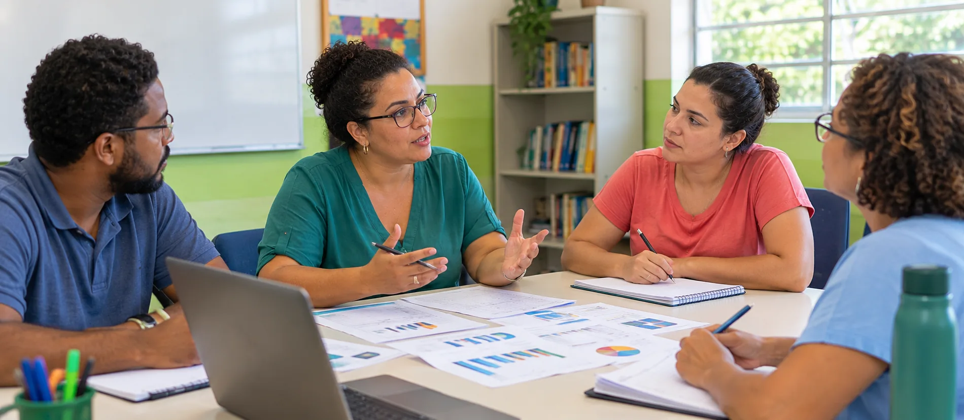 Coordenadora pedagógica em reunião com professores