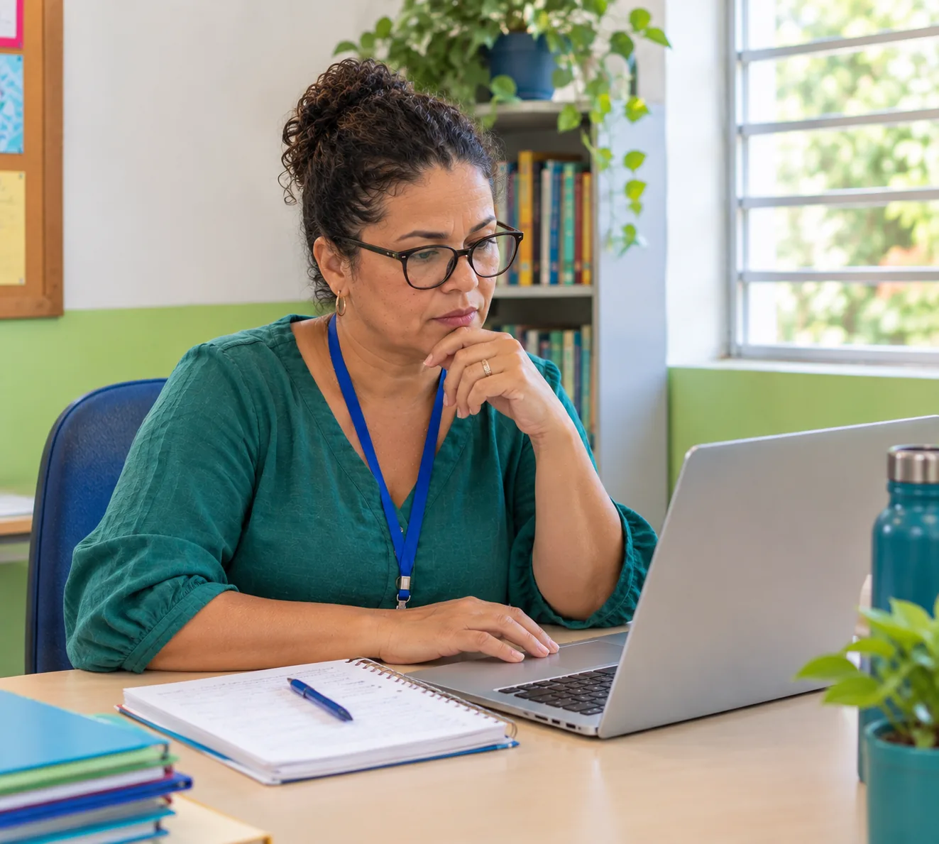 Gestora escolar compara planos no notebook