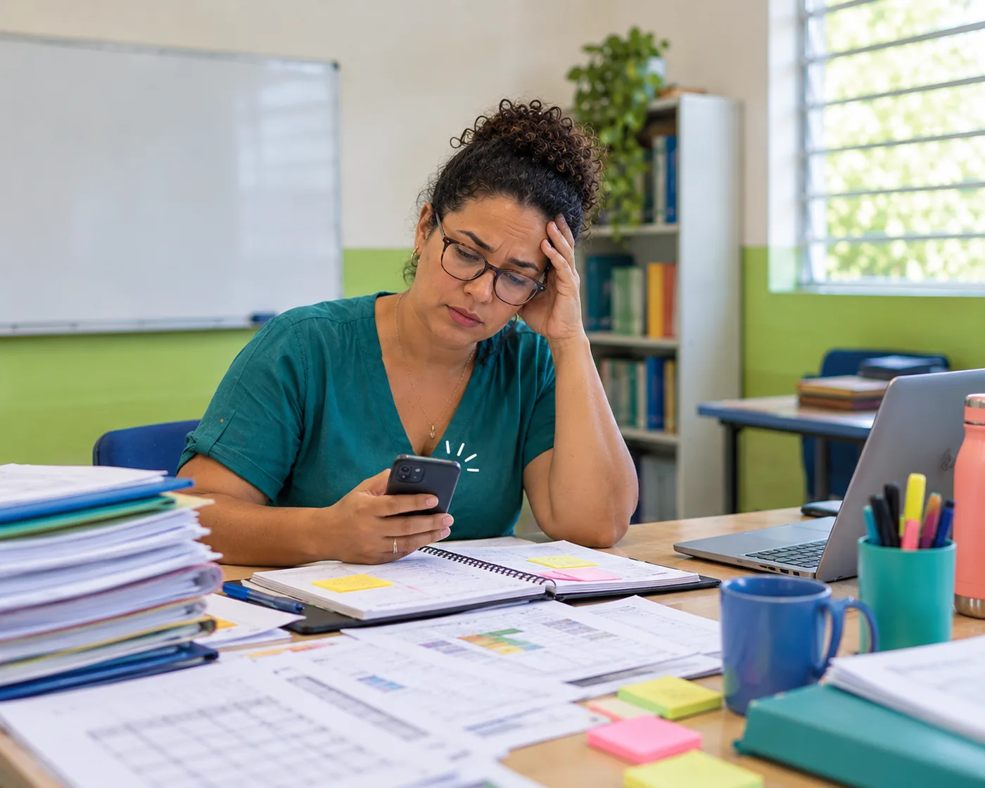 Professora com planilhas, agenda de papel e celular sobre a mesa