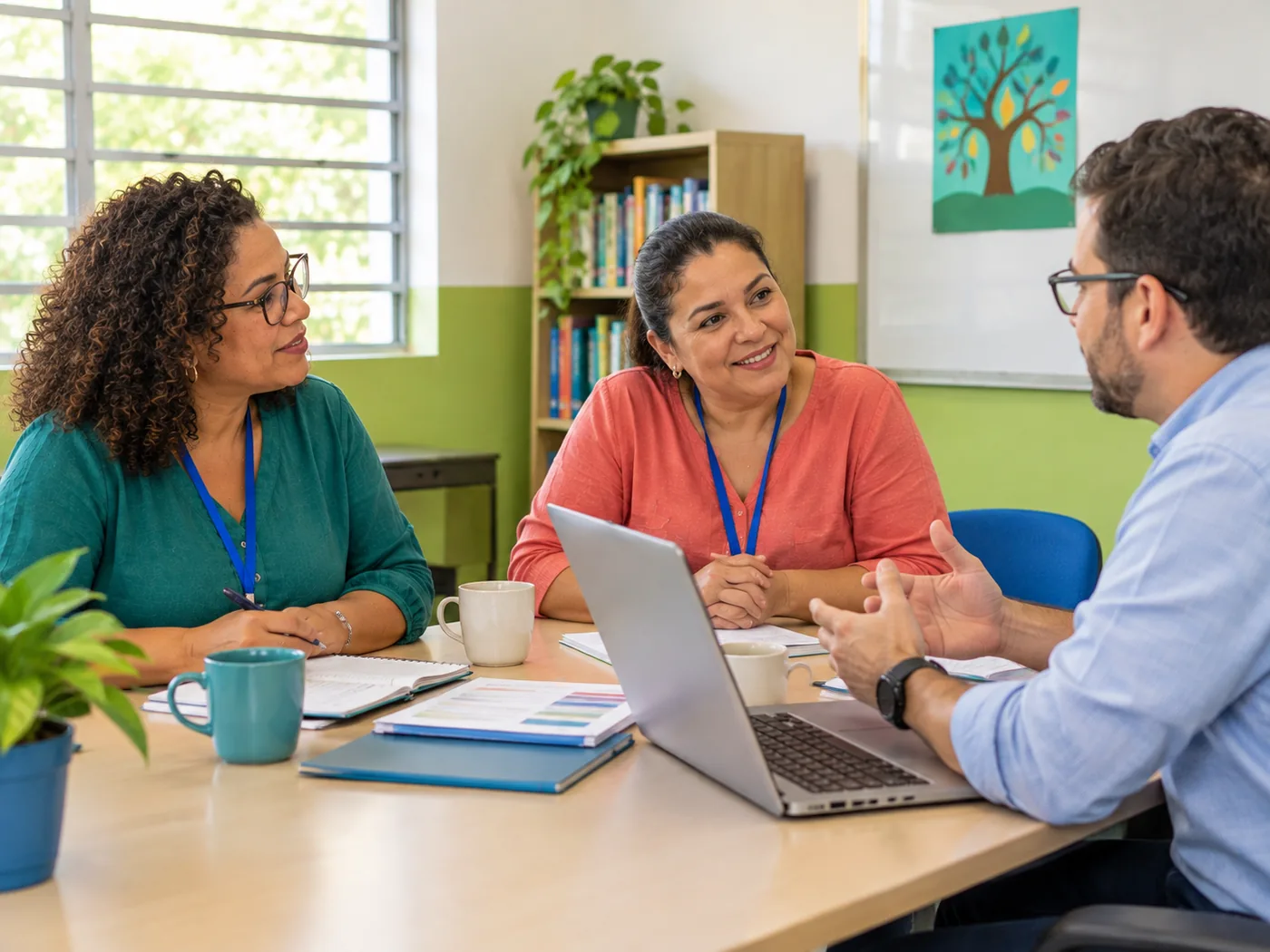Direção da escola em reunião com um consultor